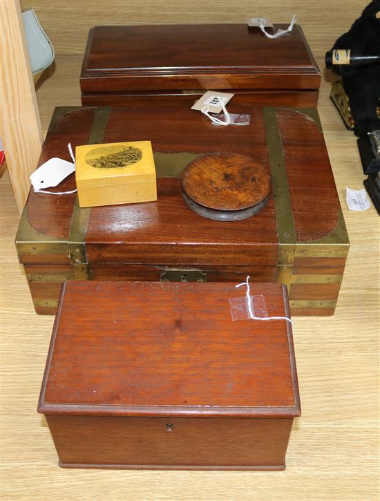 A brass-bound mahogany campaign box and four other boxes,